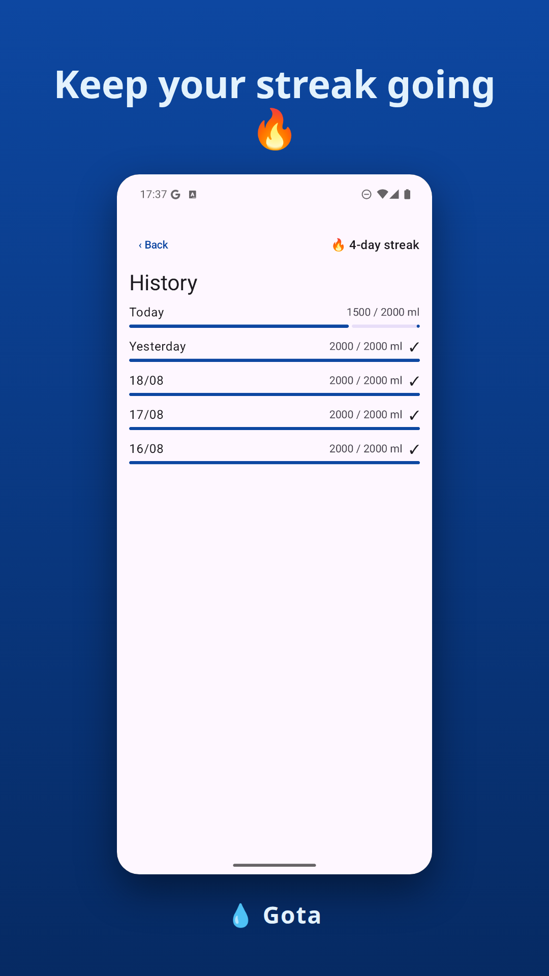 Gota app screenshots showing the progress ring, history, and goal settings — History screen