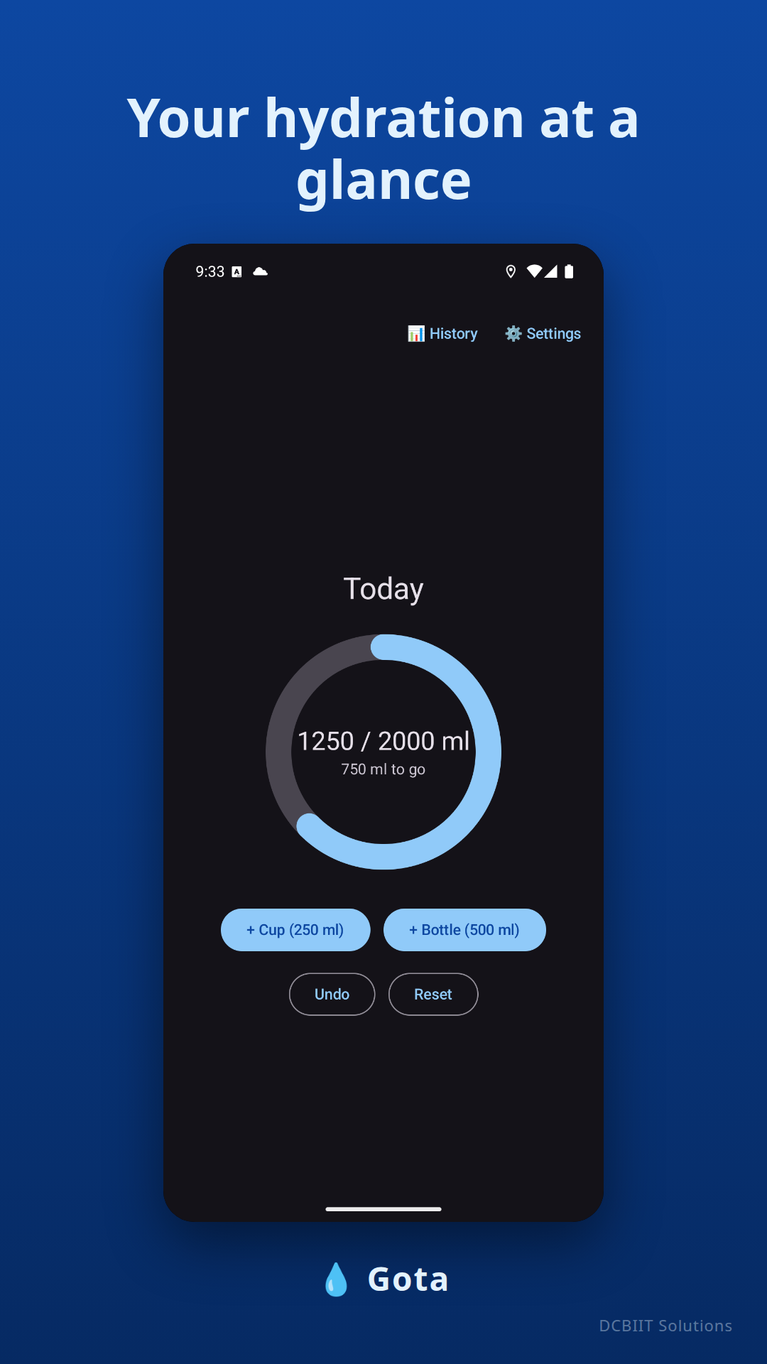 Gota app screenshots showing the progress ring, history, and goal settings — Home screen