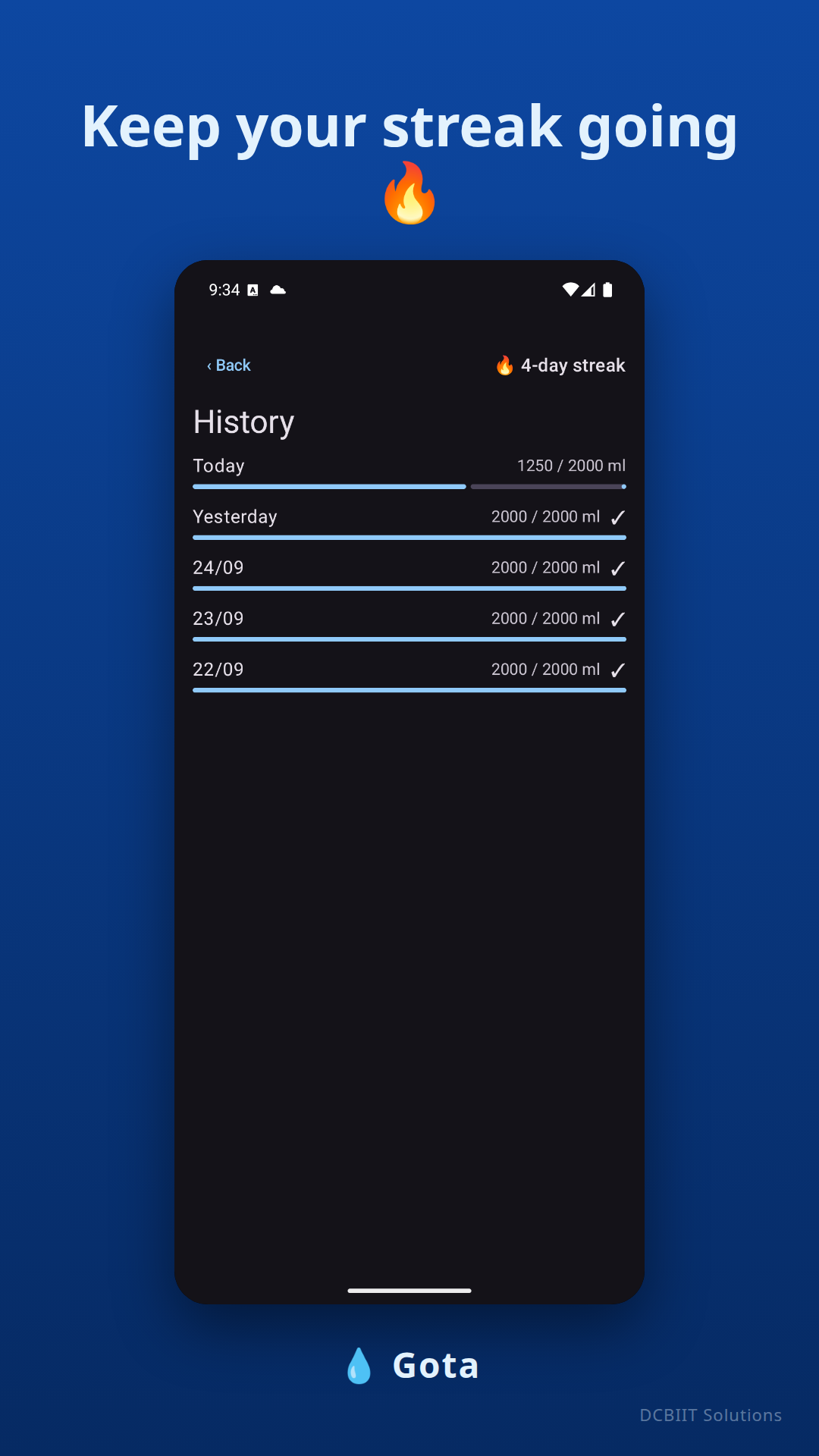 Gota app screenshots showing the progress ring, history, and goal settings — History screen