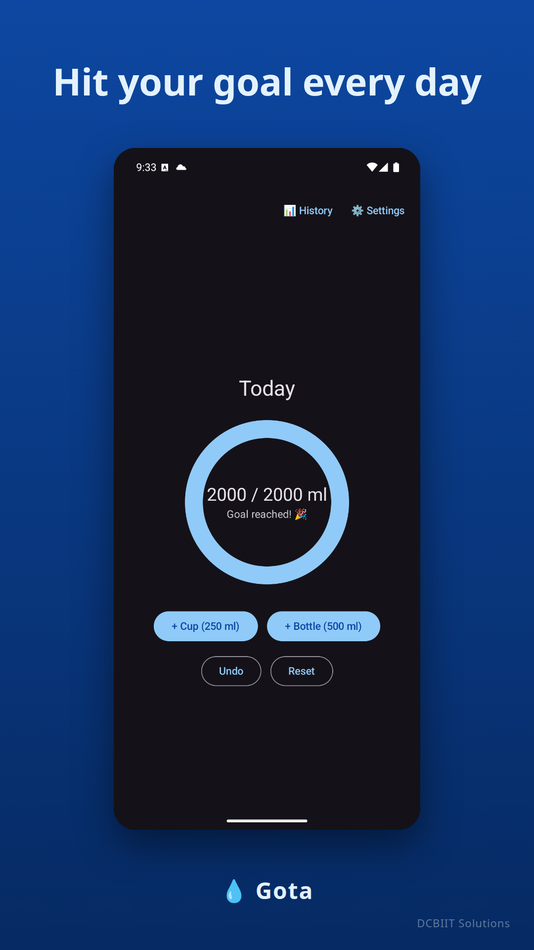 Gota app screenshots showing the progress ring, history, and goal settings — Goal settings screen