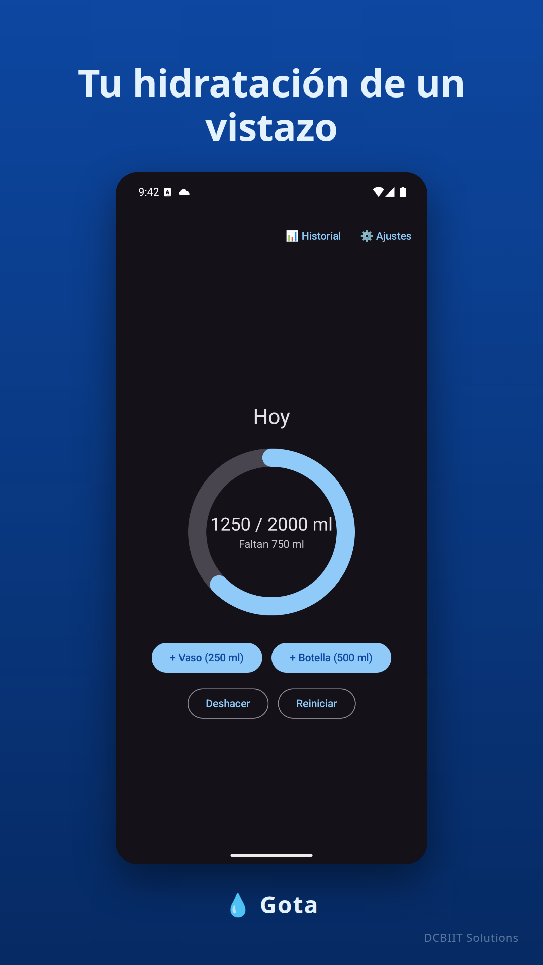 Capturas de pantalla de Gota con el anillo de progreso, el historial y los ajustes de meta — Home screen
