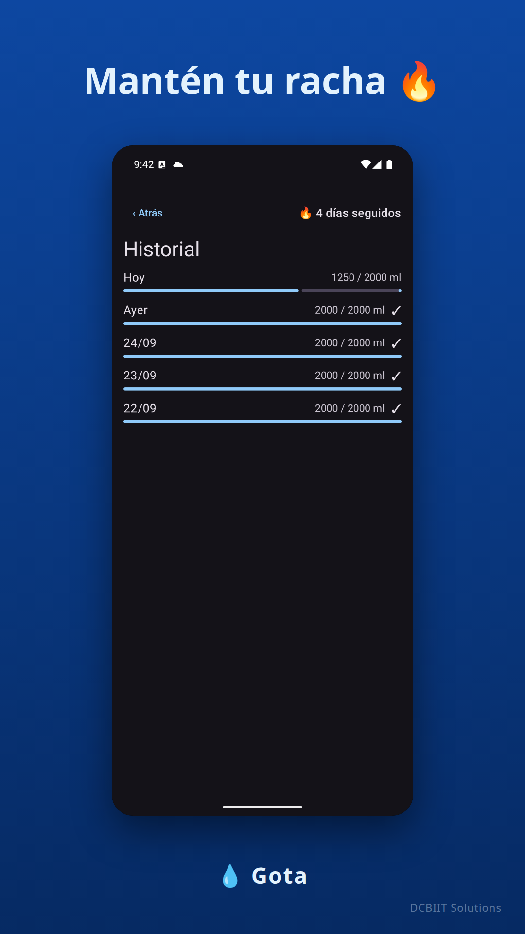Capturas de pantalla de Gota con el anillo de progreso, el historial y los ajustes de meta — History screen