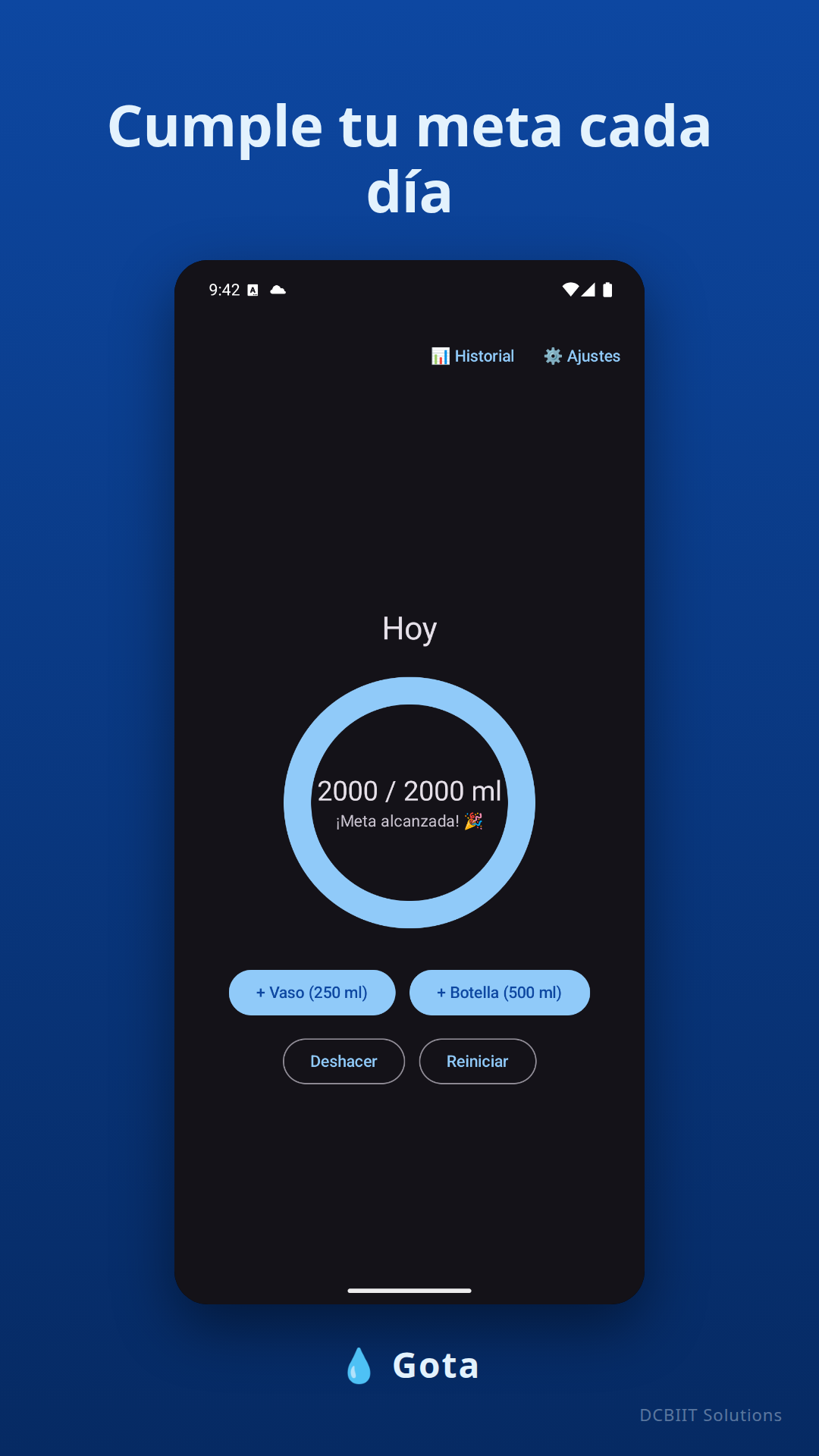 Capturas de pantalla de Gota con el anillo de progreso, el historial y los ajustes de meta — Goal settings screen