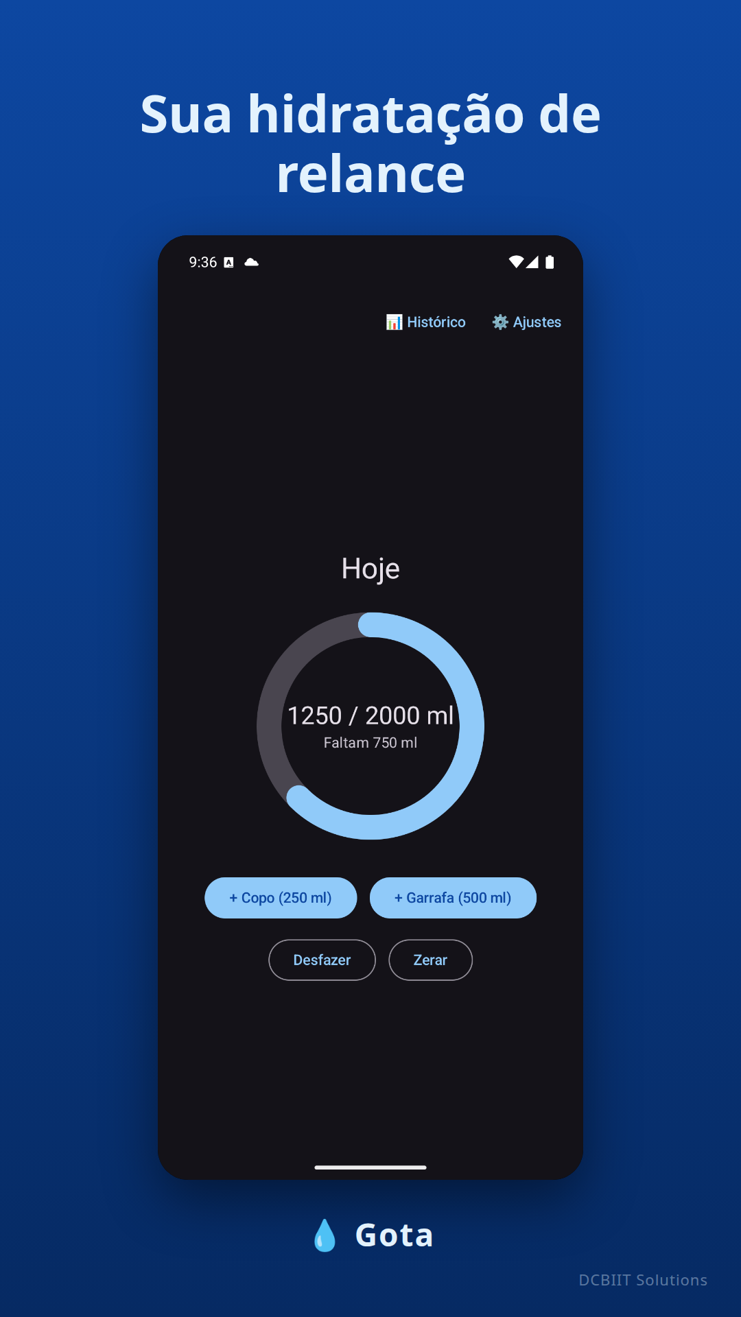 Capturas de tela do Gota mostrando o anel de progresso, o histórico e as configurações de meta — Home screen