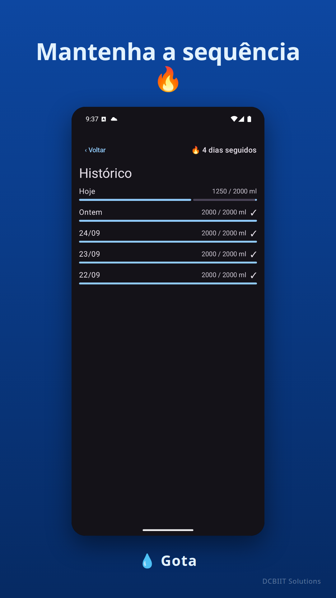 Capturas de tela do Gota mostrando o anel de progresso, o histórico e as configurações de meta — History screen