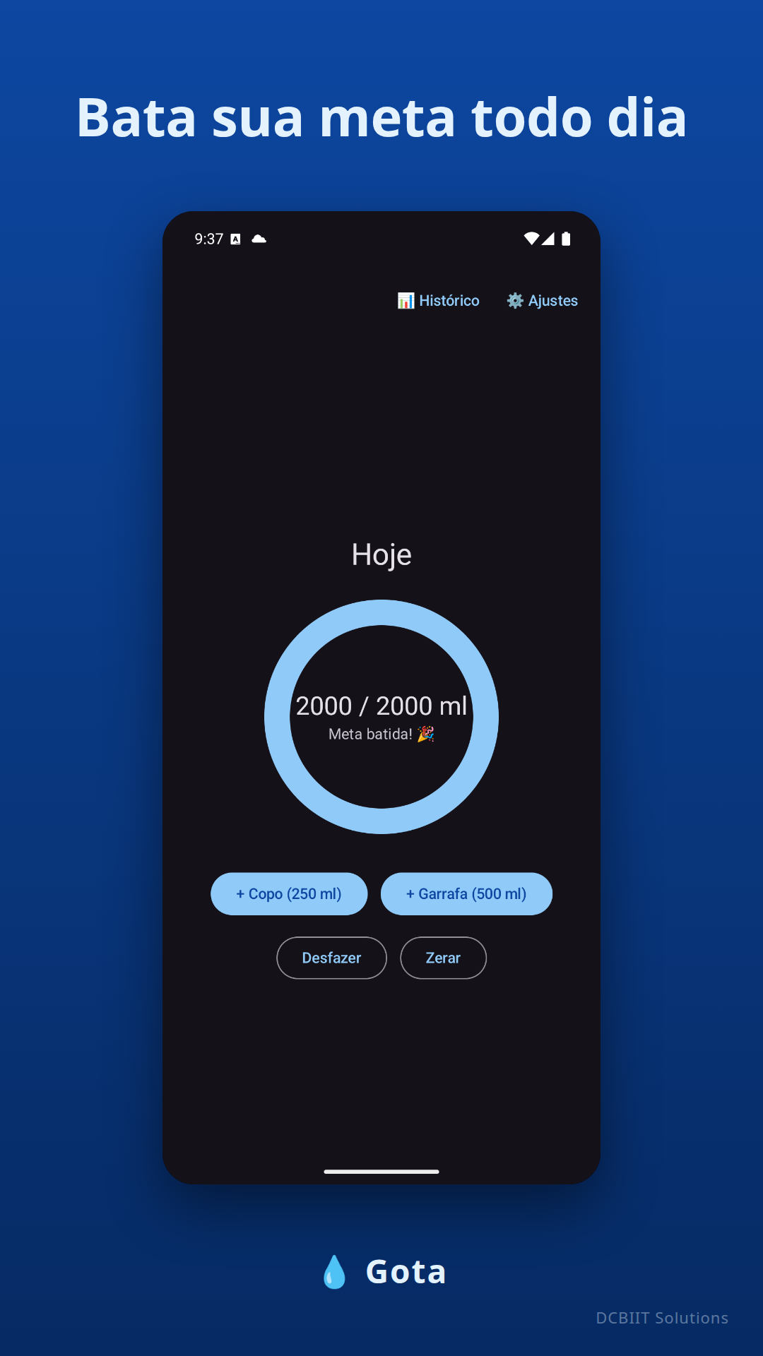 Capturas de tela do Gota mostrando o anel de progresso, o histórico e as configurações de meta — Goal settings screen